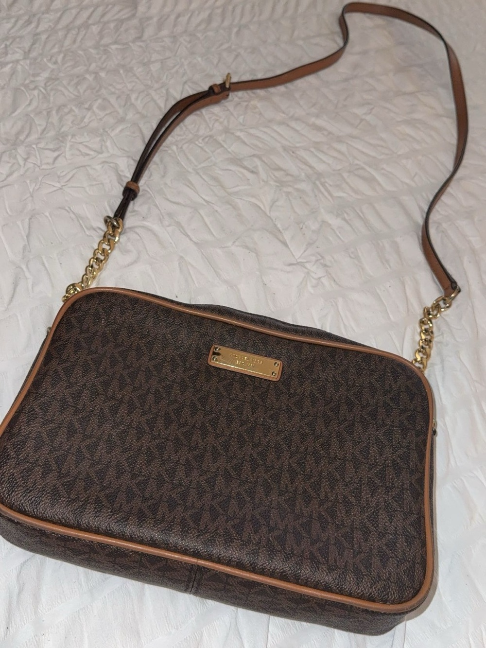 Michael Kors Dark Brown MK Monogram Crossbody with Gold Hardware